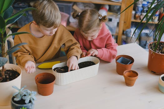 children planting seeds in pots