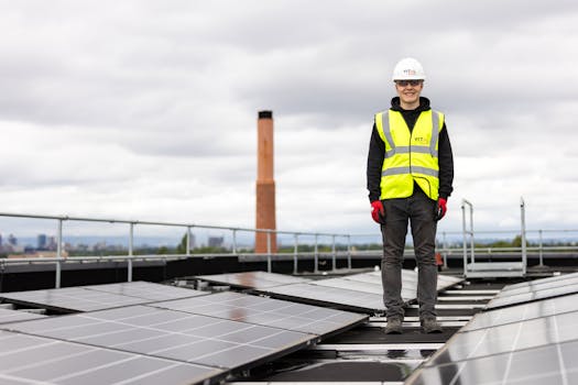 A rooftop covered with solar panels in an urban setting